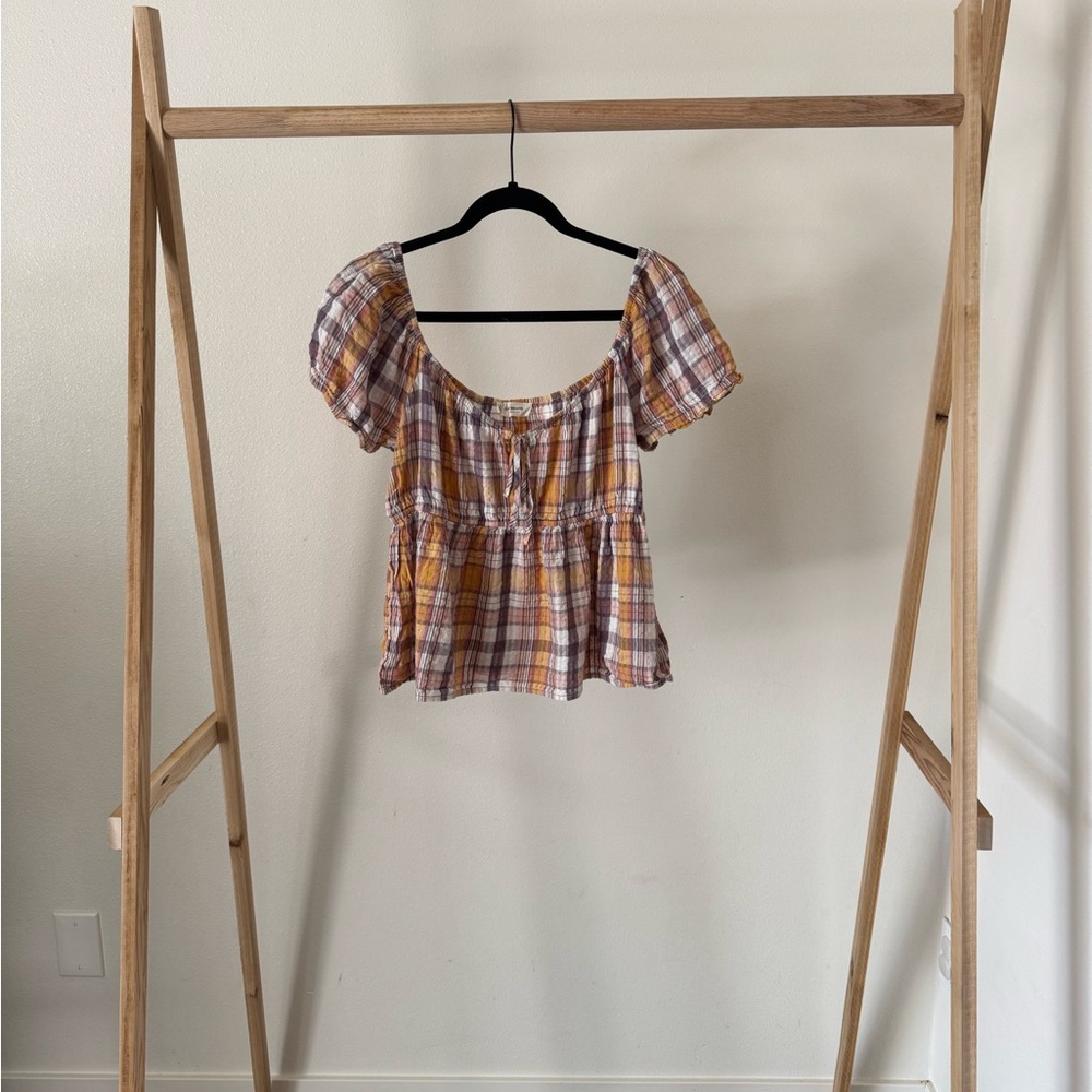 Lucky Brand Plaid Puff Sleeve Top